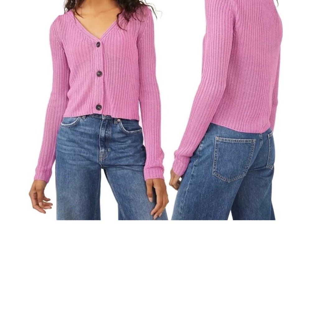 Free People Pink Ribbed Button Cardigan - Picture 7 of 7